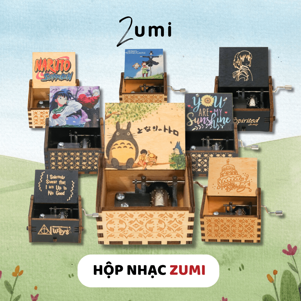 Hộp nhạc mini gỗ quay tay quà tặng để bàn trang trí nhiều bài hát Zumishop