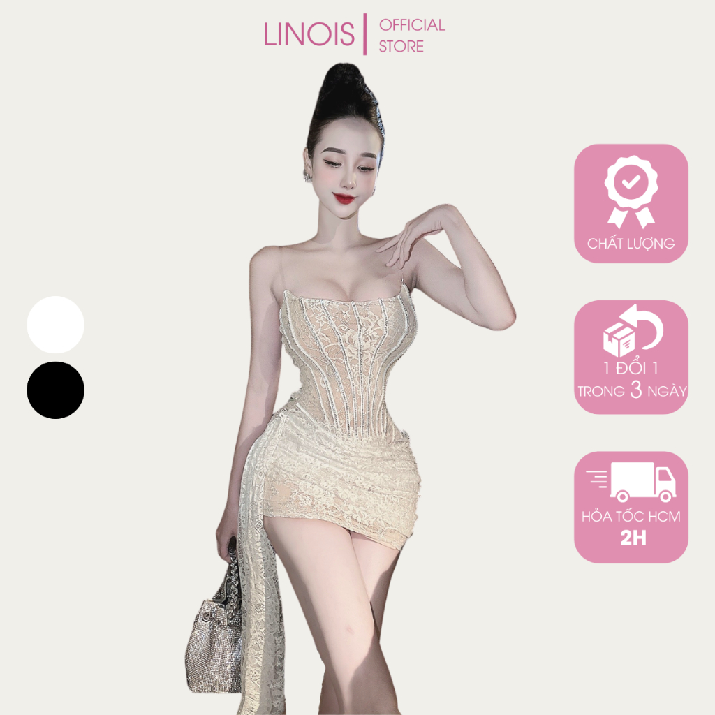 [RL42] Đầm Body Dự Tiệc Cúp Ngực 2 Dây Trong Gọng Dọc Đính Đá Thả Tà - Vải Ren + Lót Toàn Thân - 2 Màu Trắng, Đen LINOIS