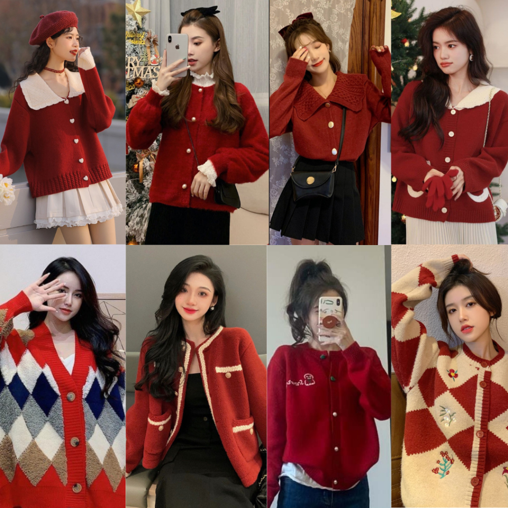 Áo Khoác Len Màu Đỏ Giáng Sinh Noen noel Tết Cardigan Nữ kiểu Quảng Châu Form Dáng Rộng LC