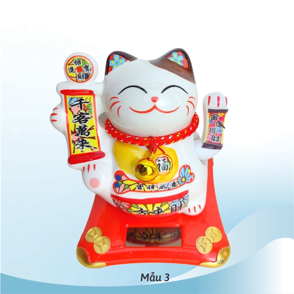 Mèo thần tài bằng gốm sứ cao cấp thu hút tài lộc vận may vẫy tay năng lượng mặt trời  KT 10.5x10.5x11