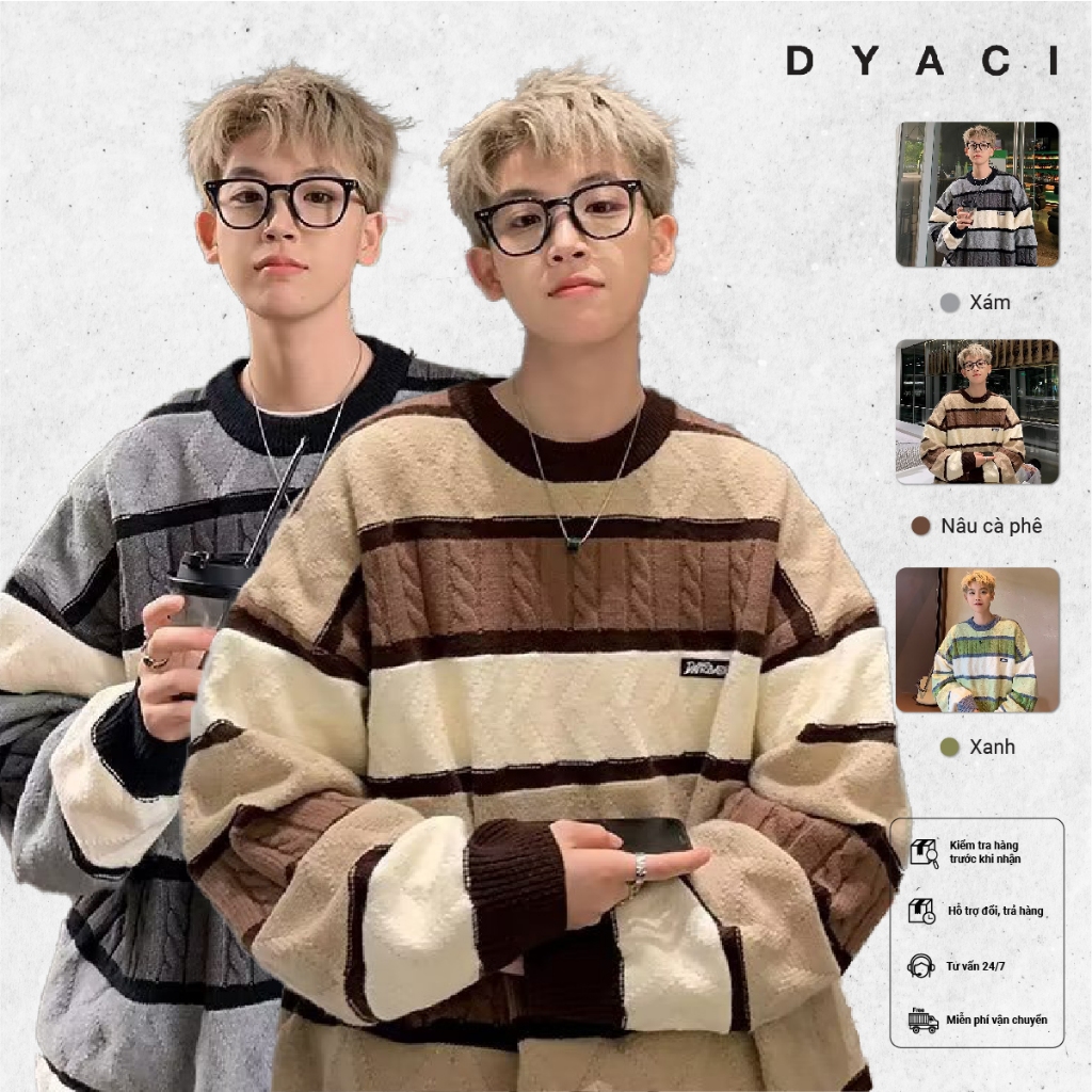 Áo Len Nam Cổ Tròn Quảng Châu DYACI Kẻ Ngang Phối Màu Kiểu Dáng Sweater Unisex Phong Cách Hàn Quốc A