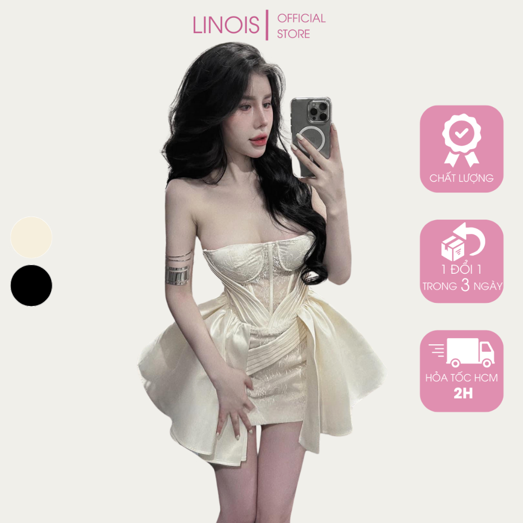 [TA38] Đầm Dự Tiệc Cúp Ngực Eo Gọng Corset Dáng Xòe Bồng Phối Vạt Chéo - Vải Lưới Kim Sa + Tafta - 2 Màu Kem, Đen LINOIS