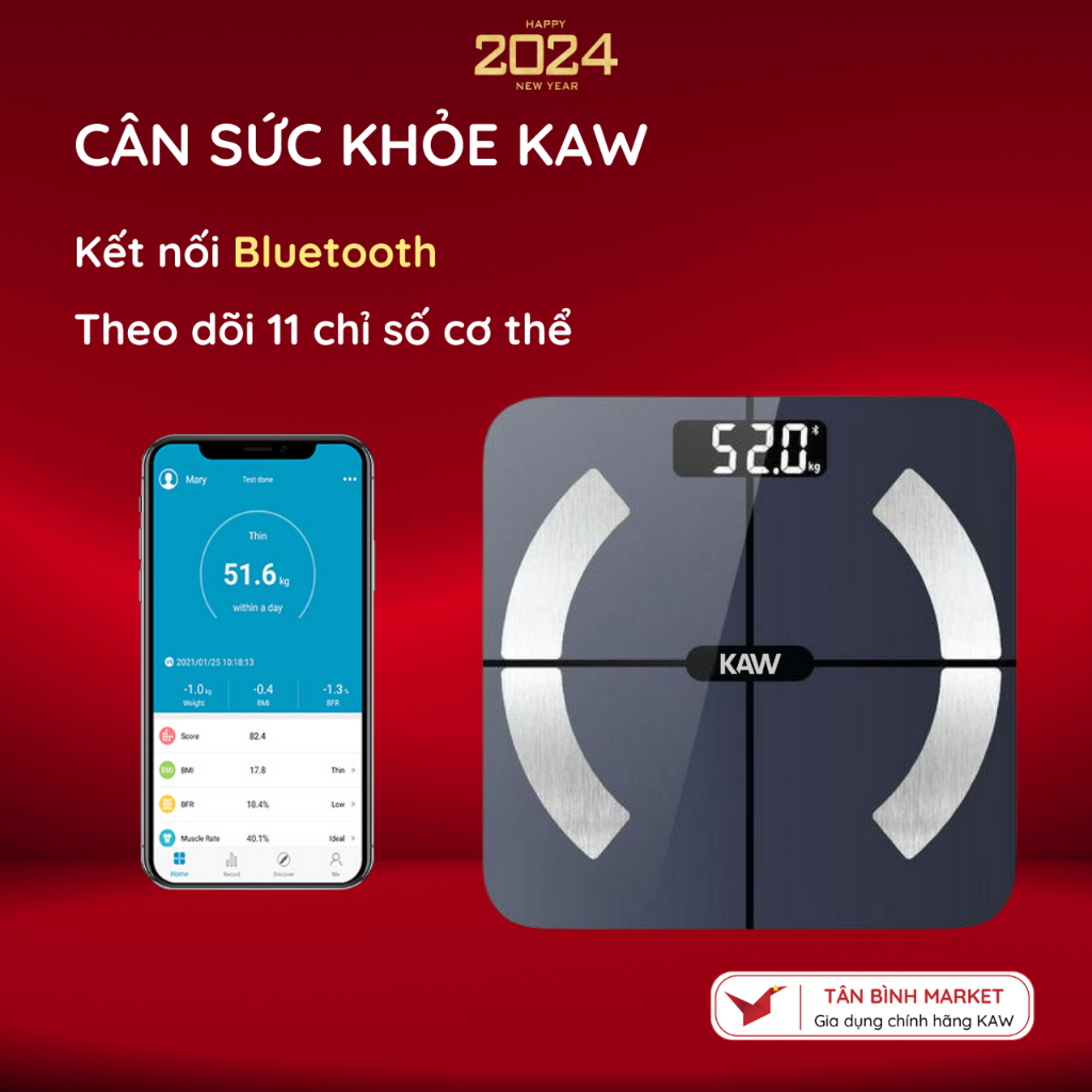 Cân điện tử sức khỏe thông minh kết nối bluetooth KAW, Màn Hình Led Kính Cường Lực Bền Bỉ, Theo Dõi 