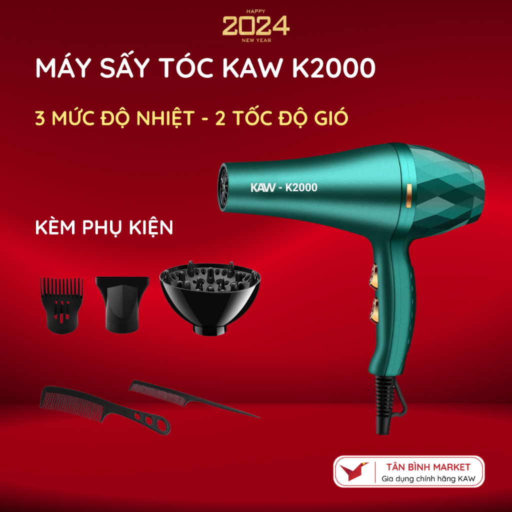 Máy sấy tóc KAW K2000 - Công Suất 2000W, 2 Chiều Nóng Lạnh, Bền Bỉ, Kèm 5 Phụ Kiện, Bảo Hành 12 Thán