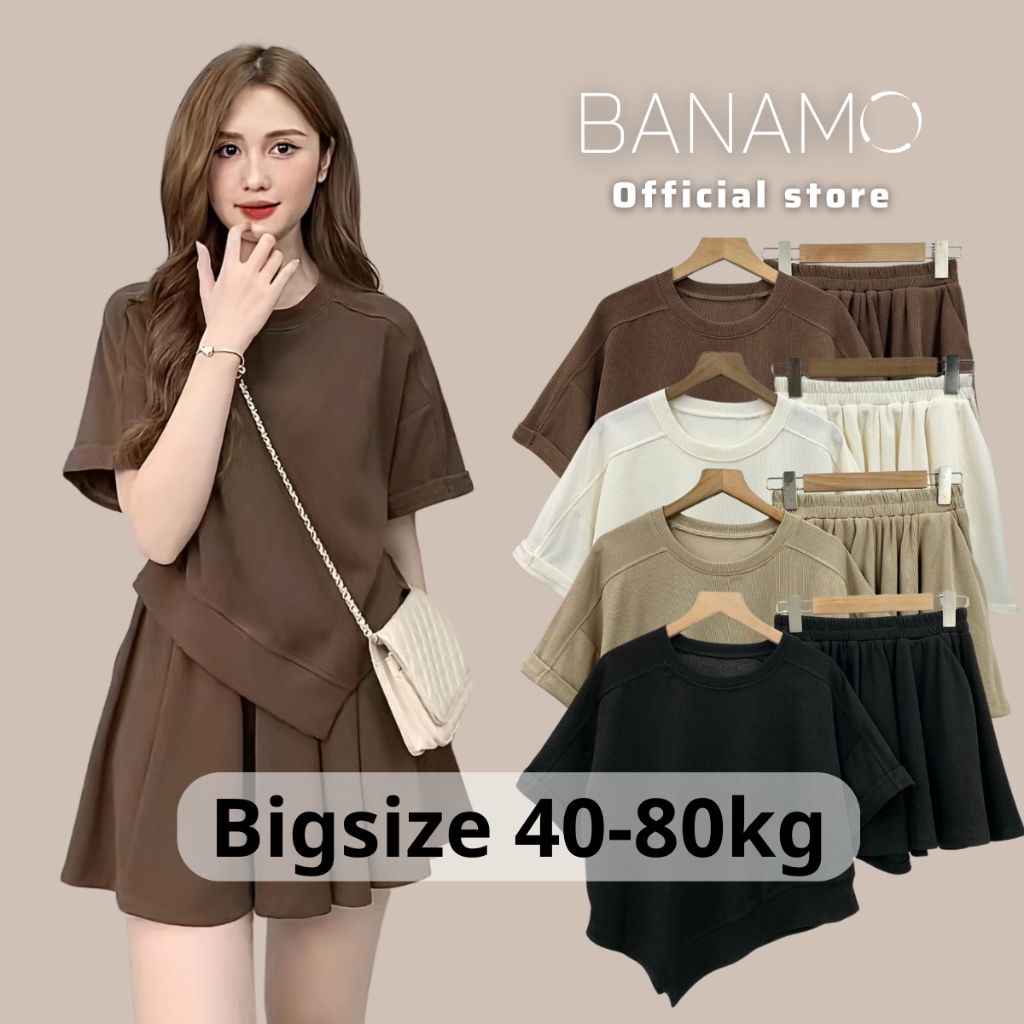 Set nữ BIGSIZE Banamo Fashion bộ áo vạt nhọn cộc tay kèm quần sooc xoè nỉ tăm 1910