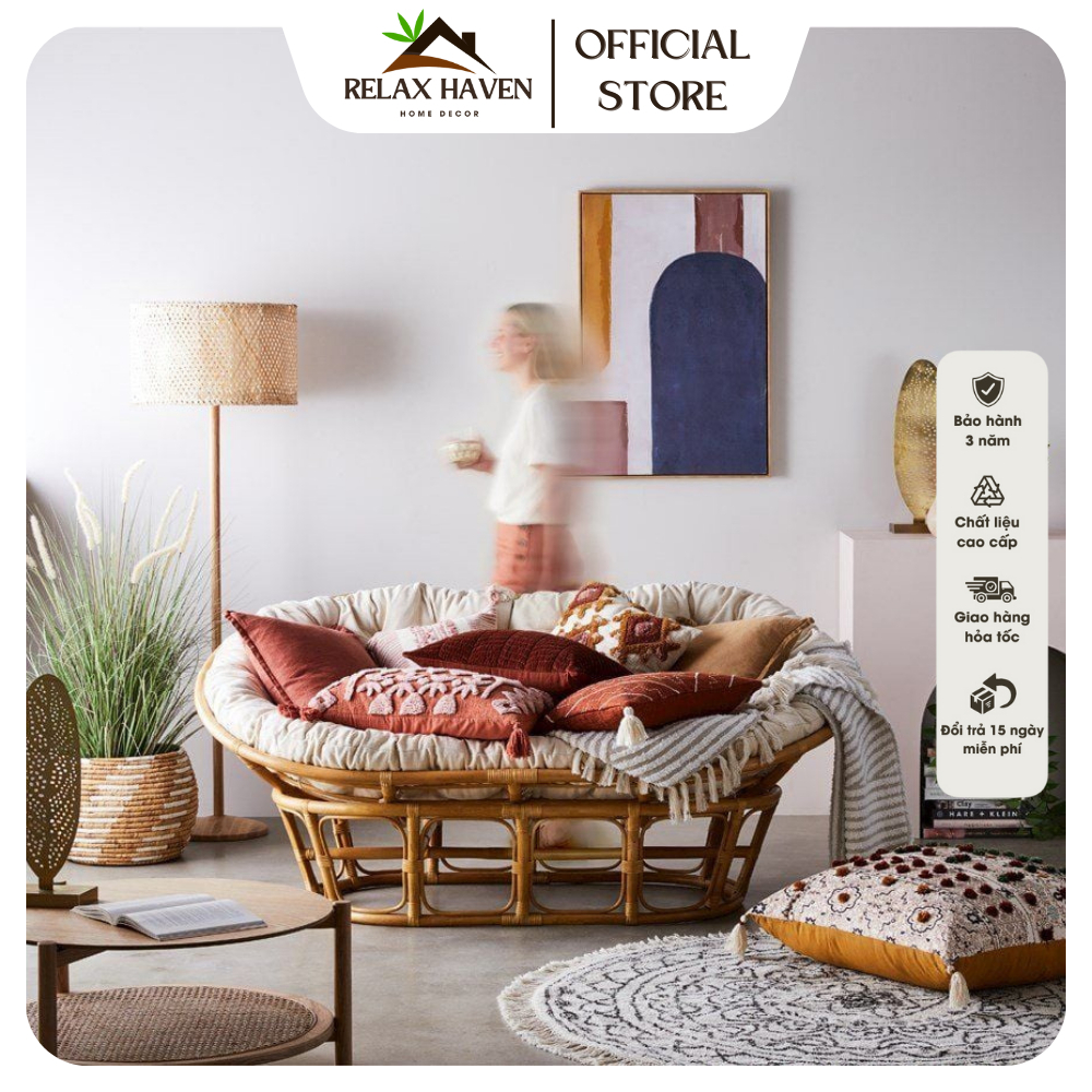 Ghế Lười Thư Giãn Mây Papasan Đôi Relax Haven - Phòng Ngủ Cho Bé, Decor Phòng Khách Nằm Thư Giãn, Phòng Ngủ Gia Đình/HCM