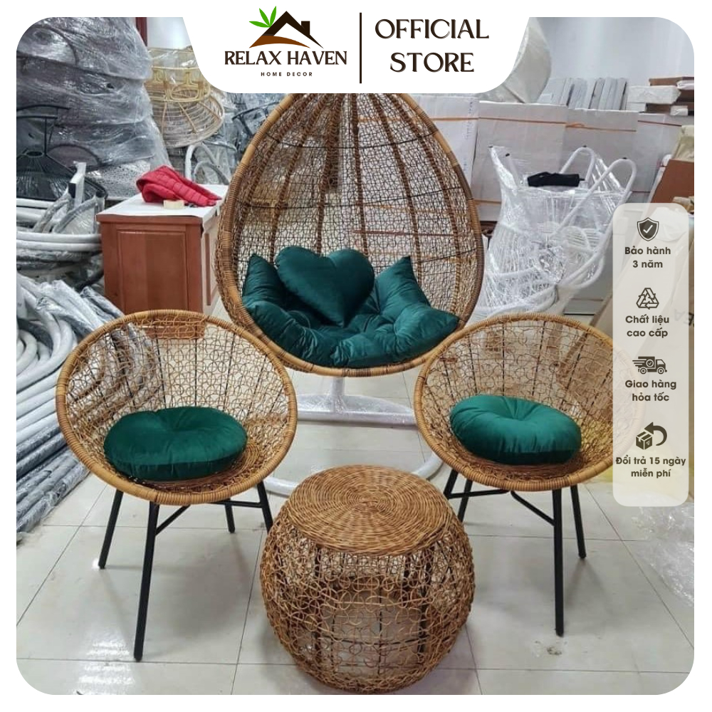 Bộ Bàn Ghế Putin Giả Mây Cao Cấp Relax Haven HCM, Bàn Ghế Thư Giãn Decor Ban Công Sân Vườn, Quán Cafe