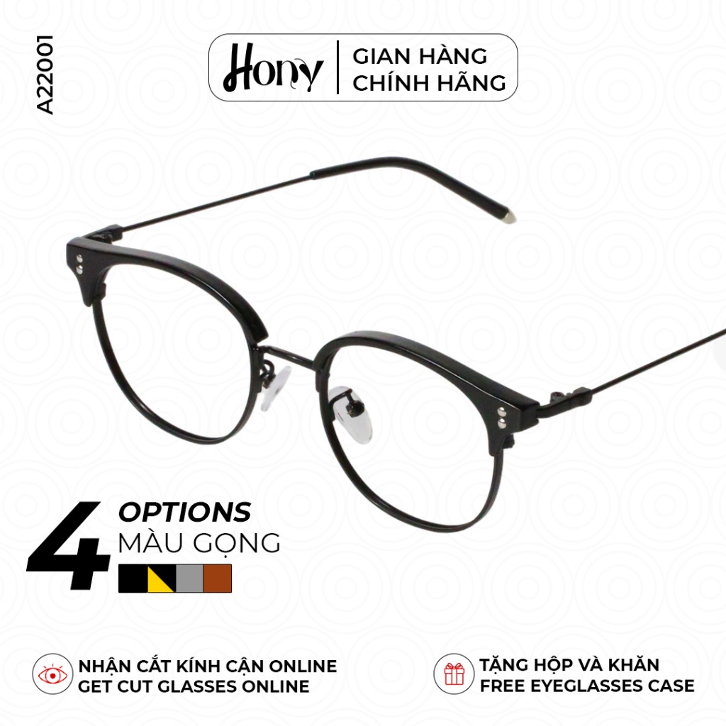 Mắt kính Unisex thời trang HONY - Gọng kính vuông bo tròn viền kim loại cá tính A22001