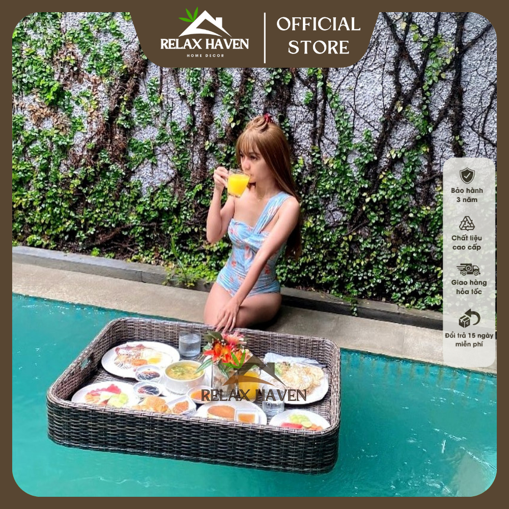 Khay Nổi Bể Bơi Hình Chữ Nhật mây nhựa Cao Cấp Treck-in Sang Chảnh Relax Haven Decor Bể Bơi, Resort, Villa/HCM