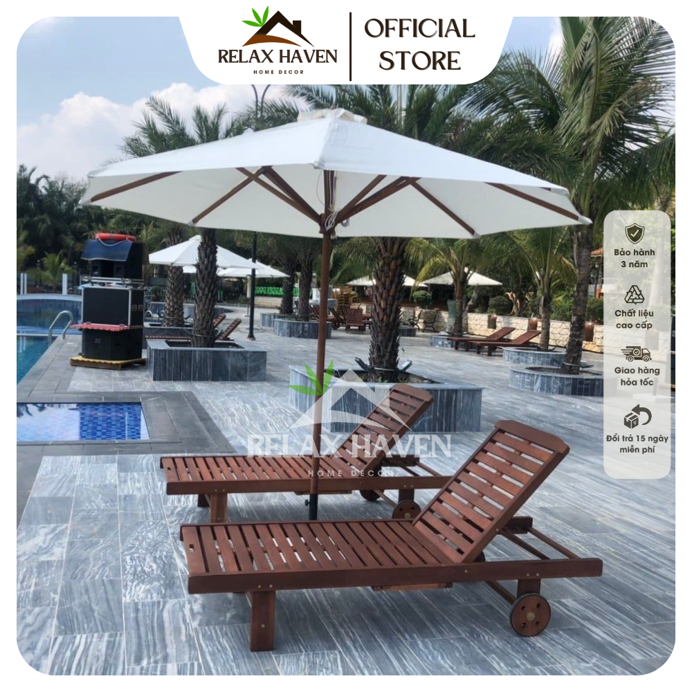 Ghế Giường nằm cao cấp bể bơi gỗ có bánh xe dùng tắm nắng thư giãn decor bể bơi, homestay, villa, resort RELAX HAVEN HCM