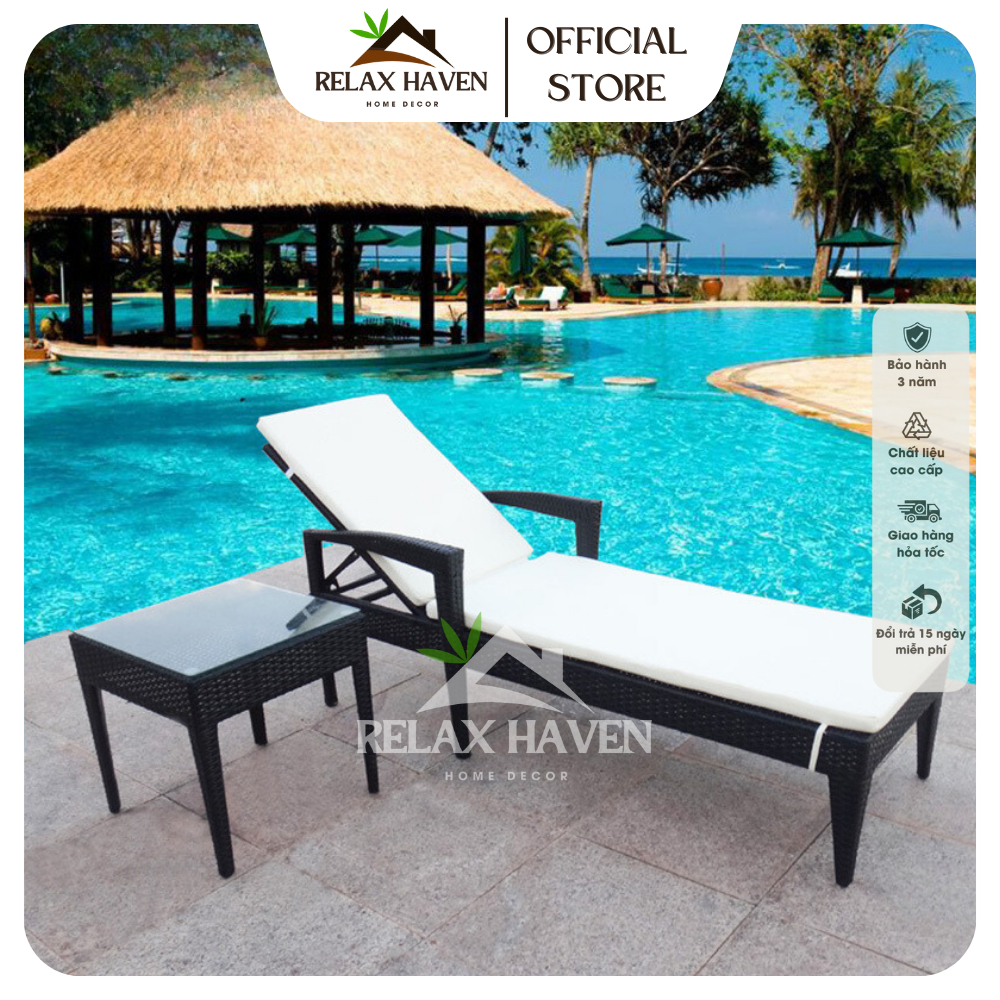 Giường nằm bể bơi có tay mây nhựa cao cấp dùng tắm nắng thư giãn RELAX HAVEN decor bể bơi, homestay, villa, resort hcm