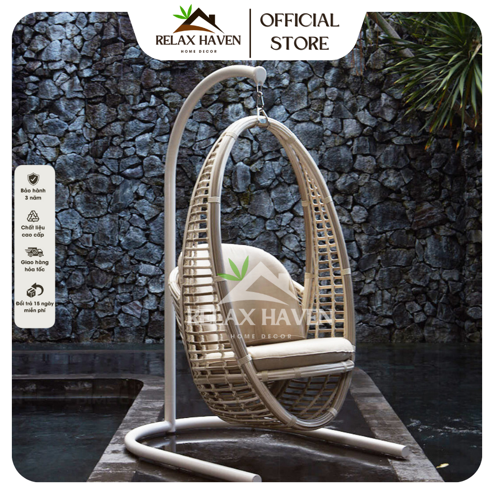 Xích đu cao cấp RELAX HAVEN giả mây thiết kế kiểu khuyên tai dùng nghỉ ngơi thư giãn decor ban công sân vườn bể bơi HCM