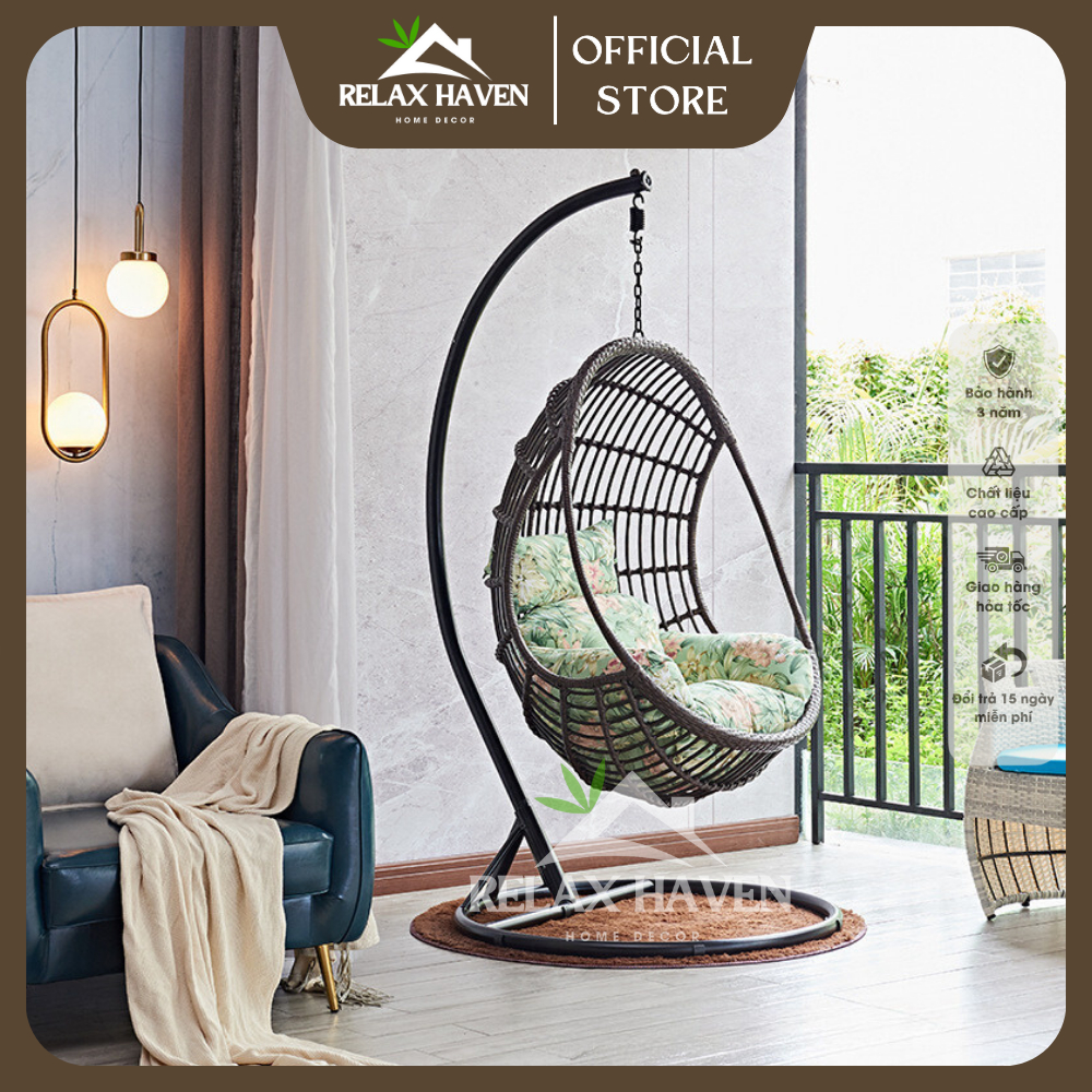 Xích đu thư giãn tổ chim cao cấp RELAX HAVEN đan giả mây lõi thép trang trí ban công sân vườn phòng khách phòng ngủ HCM