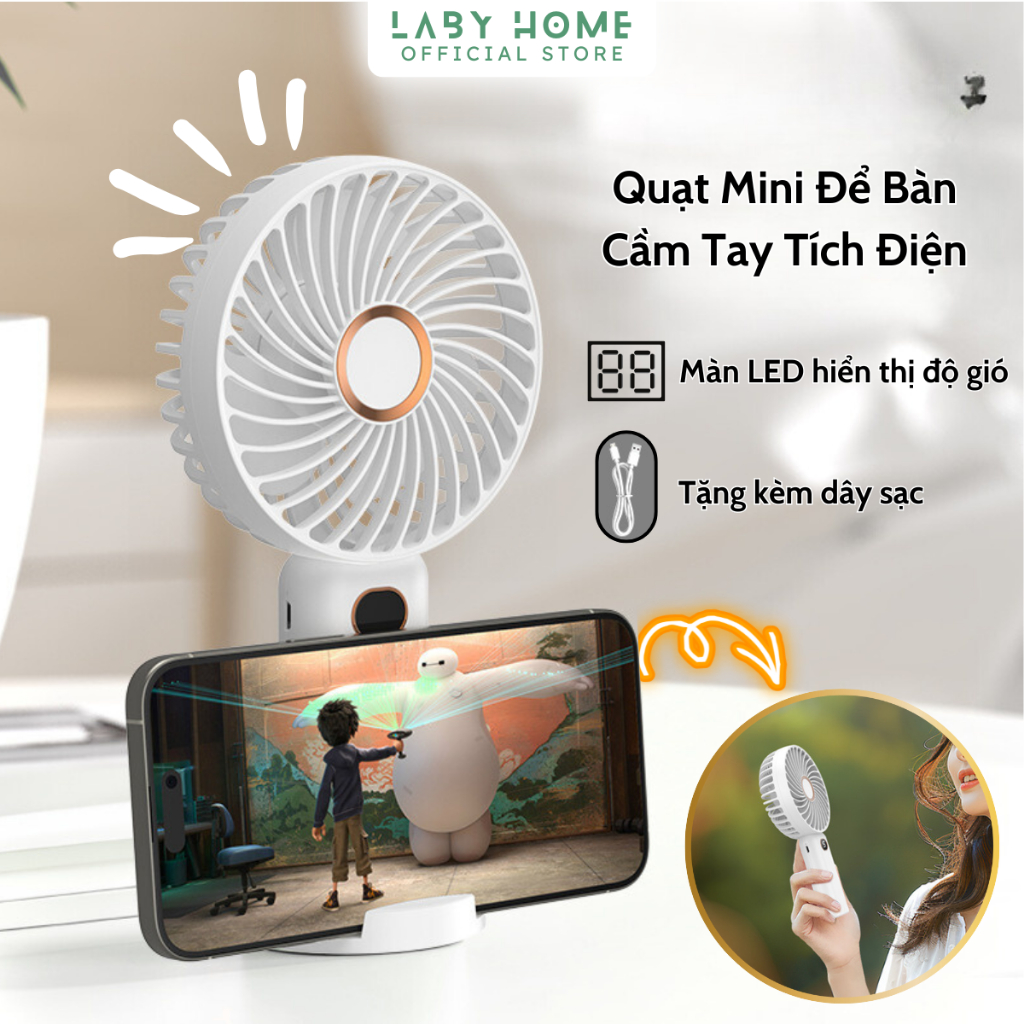 Quạt Mini Cầm Tay Tích Điện Làm Mát Nhanh, Sạc Nhanh, Màn Hình LCD Hiển Thị Tốc Độ Gió, Quạt Để Bàn Làm Việc LABY HOME