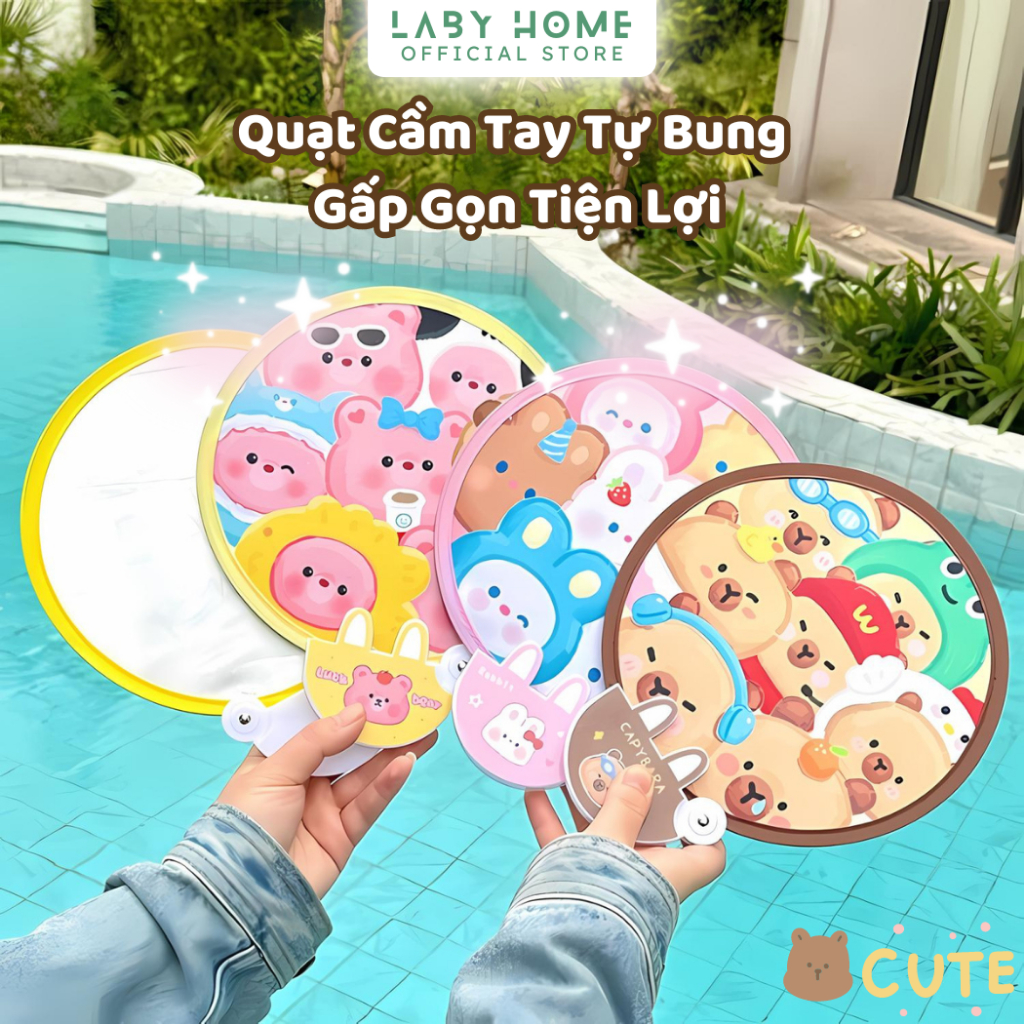 Quạt Vải Xếp Phản Quang Cầm Tay Mini Cabybara , Quạt Cầm Tay Gấp Gọn Tự Bung Di Động Cho Học Sinh Văn Phòng LABY HOME