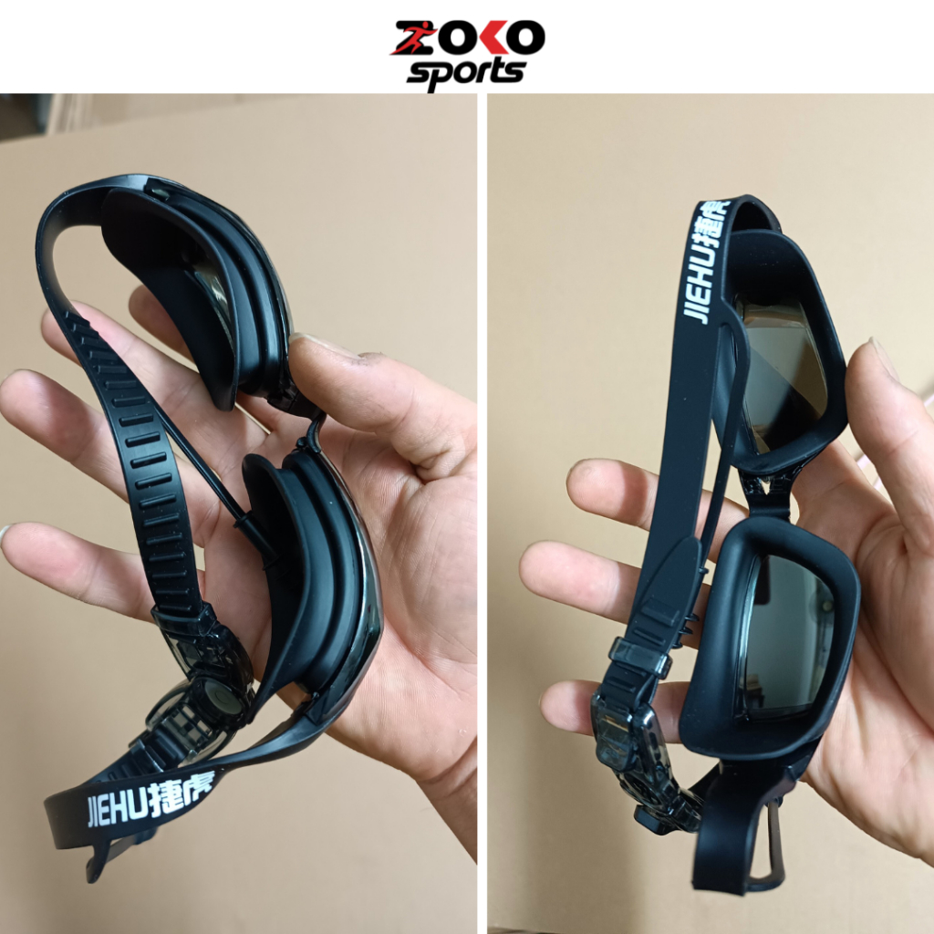 Kính bơi cao cấp JIEHU mắt kính tráng gương sang trọng có nút tai gắn liền ,full box có hộp đựng.