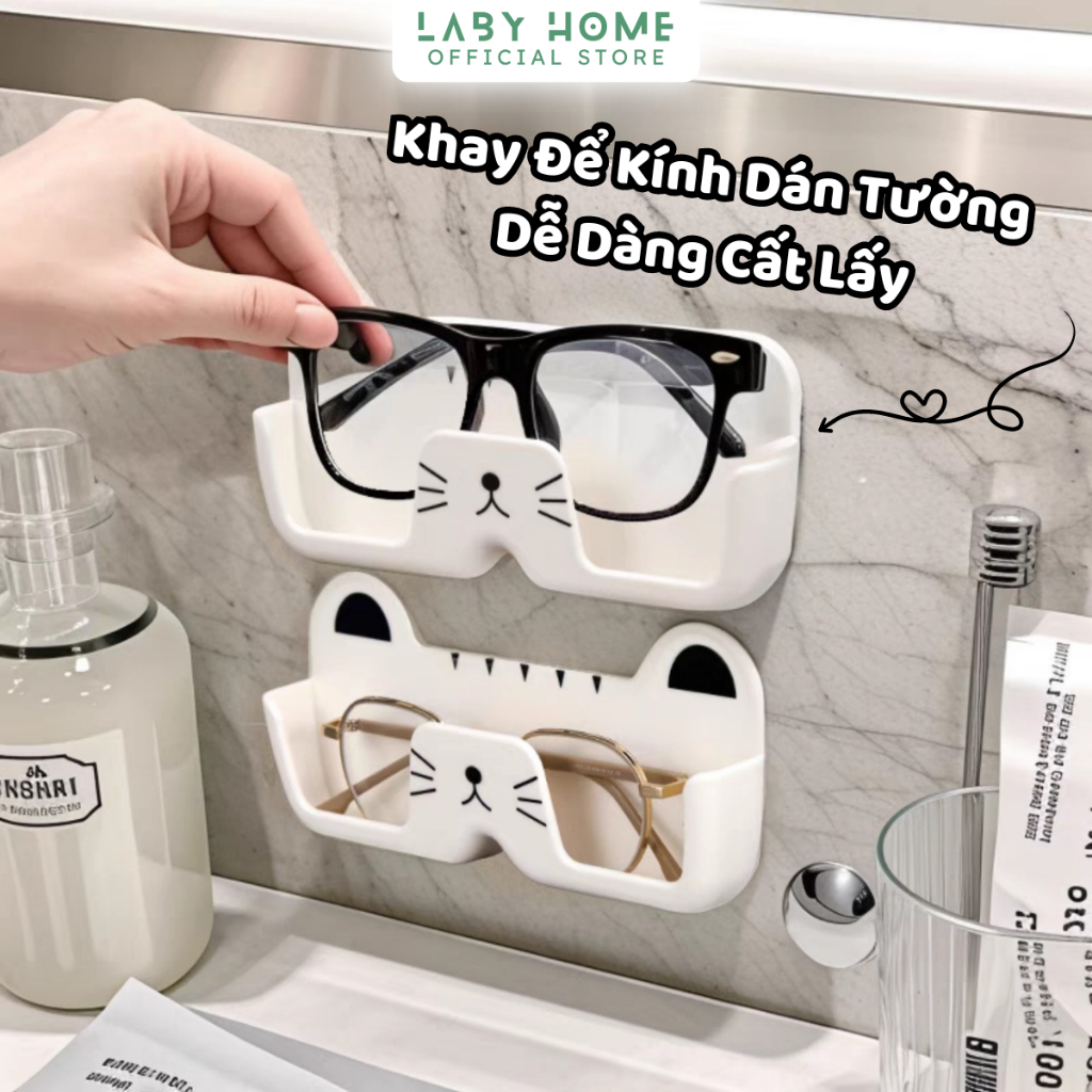 Khay Để Kính Dán Tường Tiện Lợi Hoạt Tiết Tai Mèo Đáng Yêu, Hộp Đựng Kính Treo Tường Chống Xước Vỡ LABY HOME