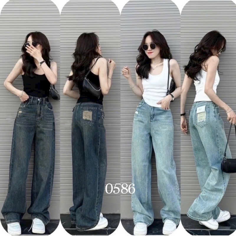 Quần jean bò ống rộng suông xuông nữ jeans cạp cao phong cách Hàn Quốc sành điệu style MS173