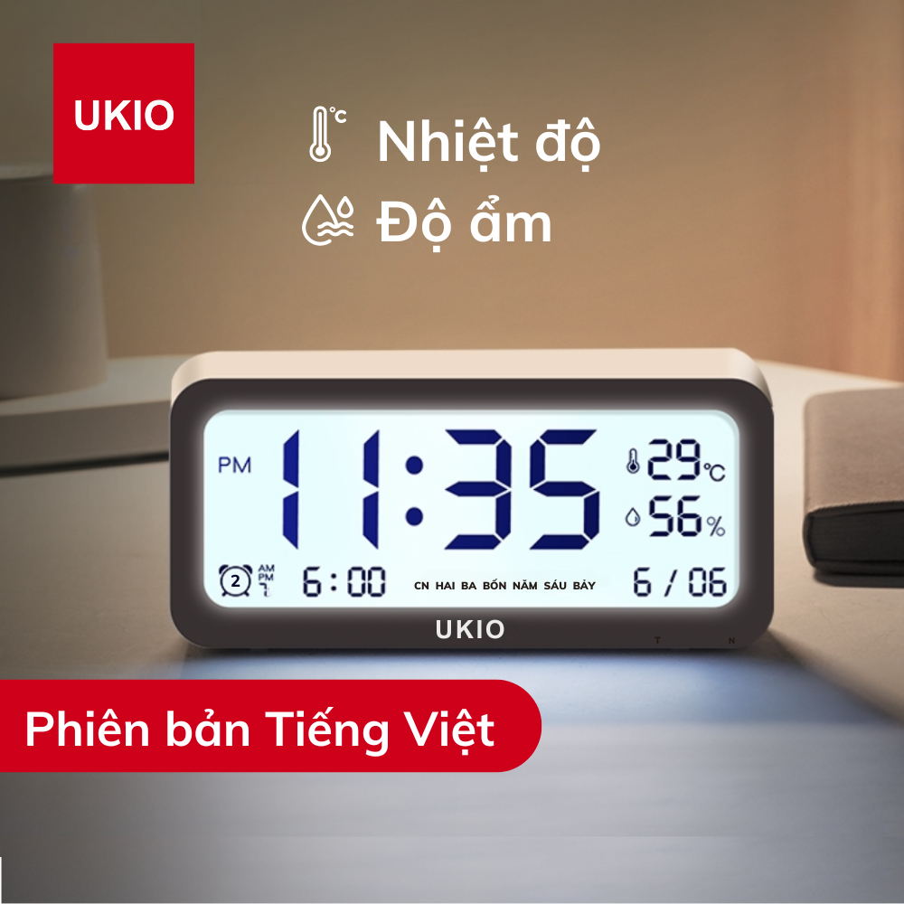 Đồng hồ led để bàn báo thức UKIO màn hình LCD cao cấp đo nhiệt độ và độ ẩm