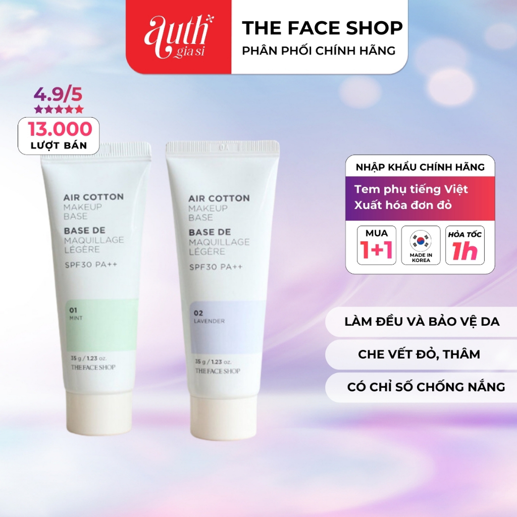 [CHÍNH HÃNG] Kem lót kiềm dầu và hiệu chỉnh tông da The Face Shop Air Cotton Makeup Base SPF30 PA++ TFS 40ml (Sale Date)
