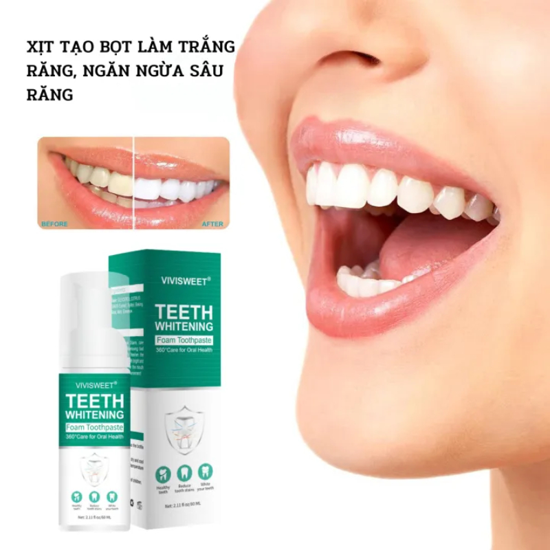 Bọt Làm Trắng Sạch Răng Vivisweet Trắng Răng, Giảm Hôi Miệng, Sạch Vết Bẩn Mảng Bám Lâu Ngày Trên Răng Miệng