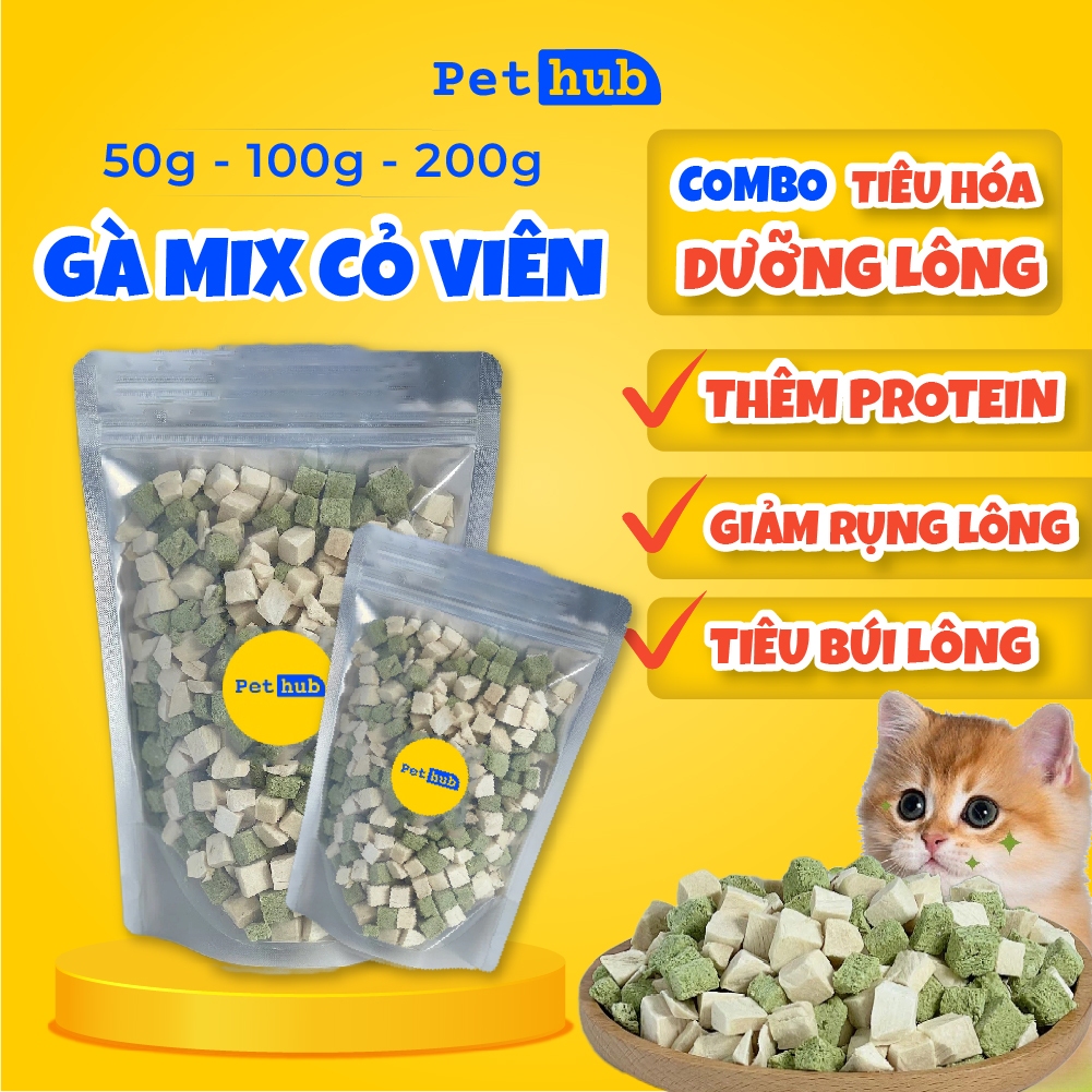 [Combo Tiêu Hoá, Dưỡng Lông] Viên Gà Sấy + Viên Cỏ Mèo, Viên Rau Xanh, Thịt sấy Cho Mèo Pet Hub