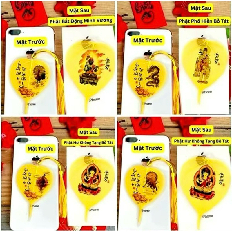 {Tặng Mèo Thần Tài} Lá Bồ Đề 2 mặt 12 con giáp và phật bản mệnh để ốp lưng điện thoại, treo xe ô tô, để vào ví