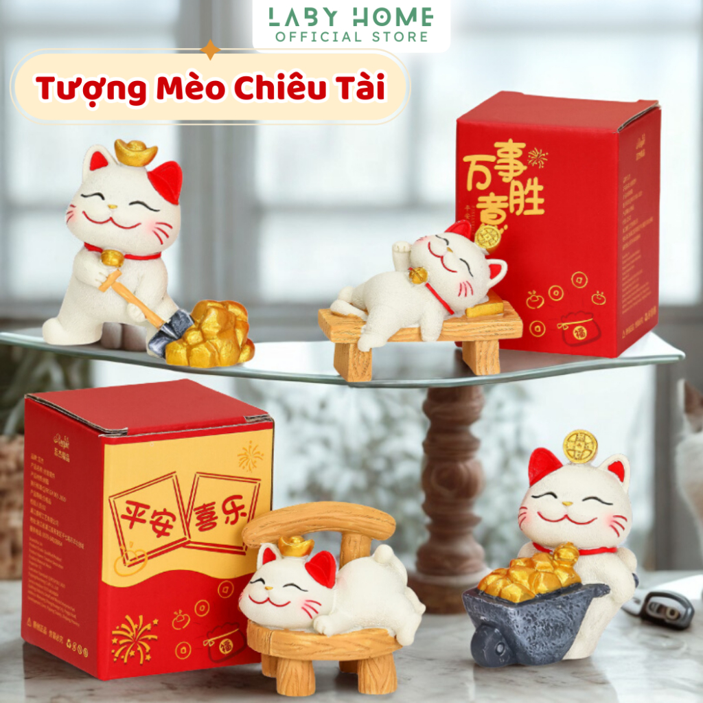 Tượng Mèo Chiêu Tài May Mắn Tân Trang Phòng Khách Decor Nhà, Tượng Mèo Tiền Vàng Decor Bàn Làm Việc Mang Lại May Mắn