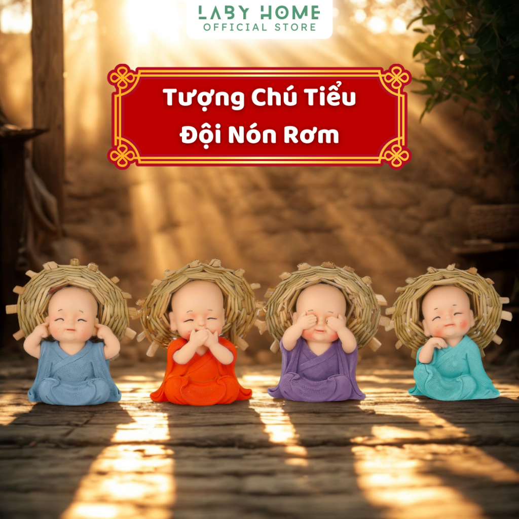 Tượng Chú Tiểu Đội Nón Rơm Decor | Trang Trí Bàn Làm Việc, Kệ Sách, Phòng Thiền, Quà Tặng Bình An