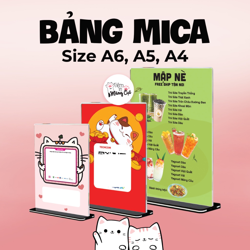 In Mã QR Bảng Mica Trong Suốt, Đế Mica Menu QR Code A6 A5 A4 Size Dọc