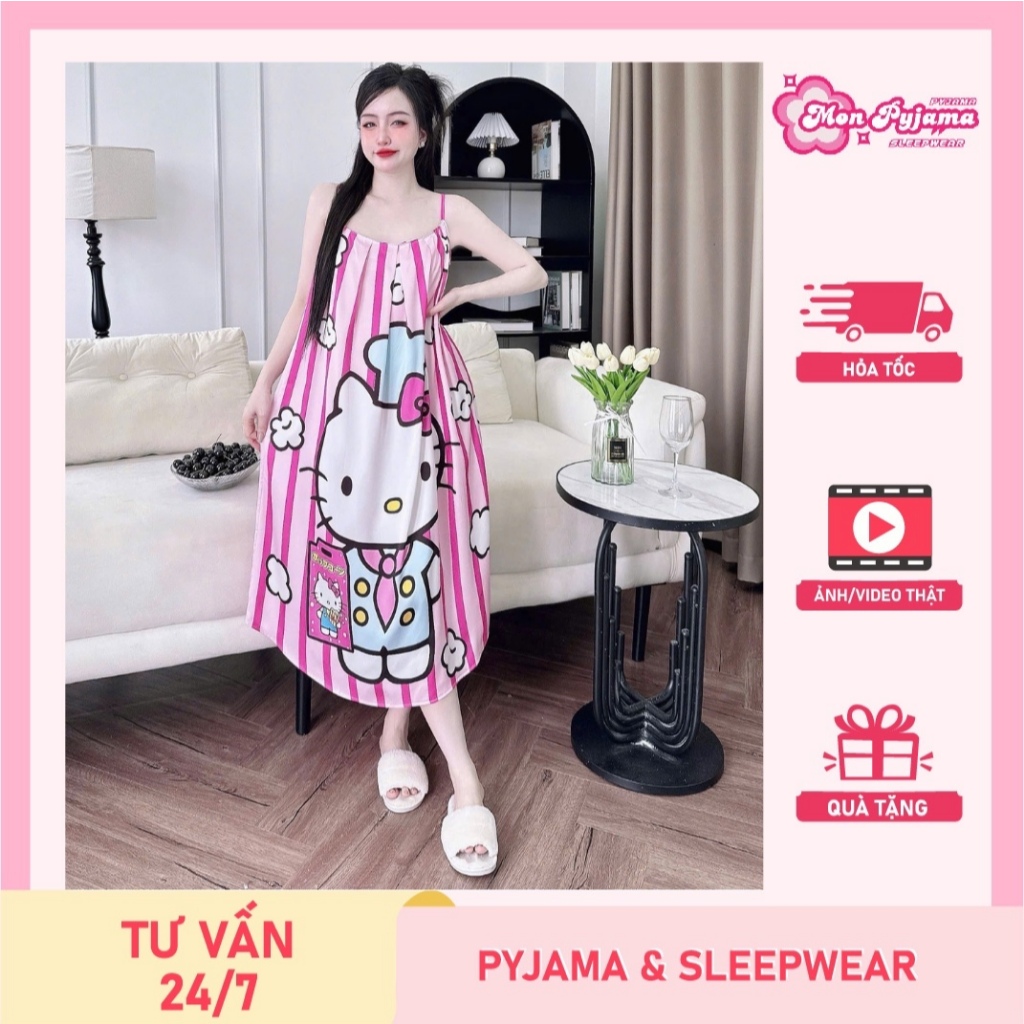 Váy ngủ,đầm ngủ lụa latin cao cấp,đồ ngủ đẹp cho nữ,đầm hai dây mặc nhà mát họa tiết dễ thương  [08]