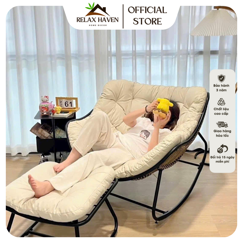 Ghế Bập Bênh Thư Giãn 2 Người Nằm Khung Thép Giả Mây Nằm Đọc Sách Decor Phòng Khách/Relax Haven HCM