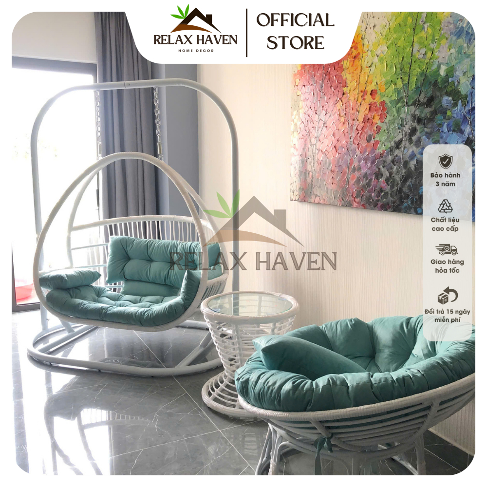 Xích Đu Phượng Hoàng Bọ Cạp Khung Sắt Sơn Tĩnh Điện Cuốn Mây Nhựa 3D Cao Cấp Decor Ban Công Sân Vườn - Relax Haven HCM