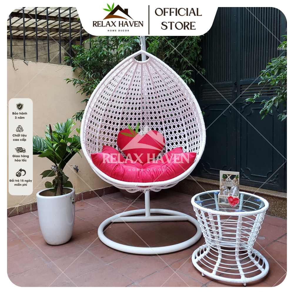 Xích đu cao cấp RELAX HAVEN giọt nước giả mây đan mắt cáo dùng thư giãn trang trí ban công sân vườn phòng khách HCM