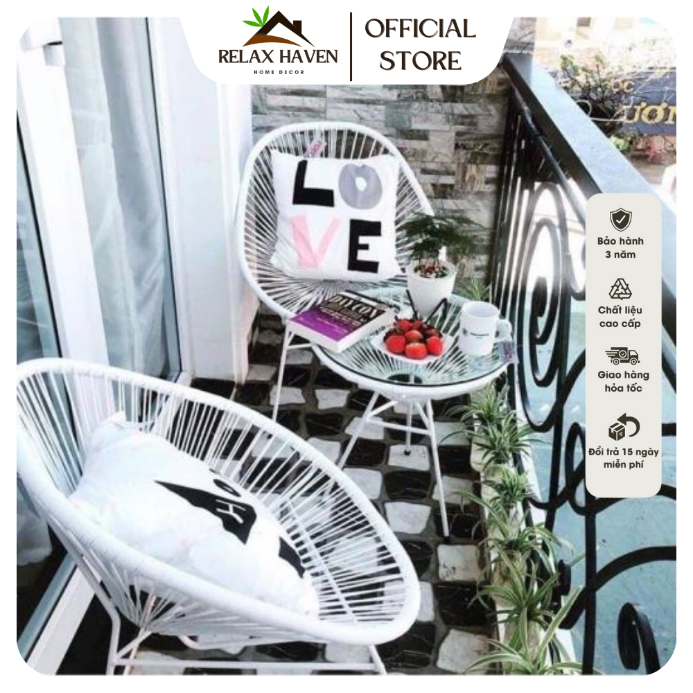 Bộ bàn ghế thư giãn ngoài trời gồm 2 ghế 1 bàn giả mây lõi thép cao cấp trang trí phòng khách sân vườn/Relax Haven HCM