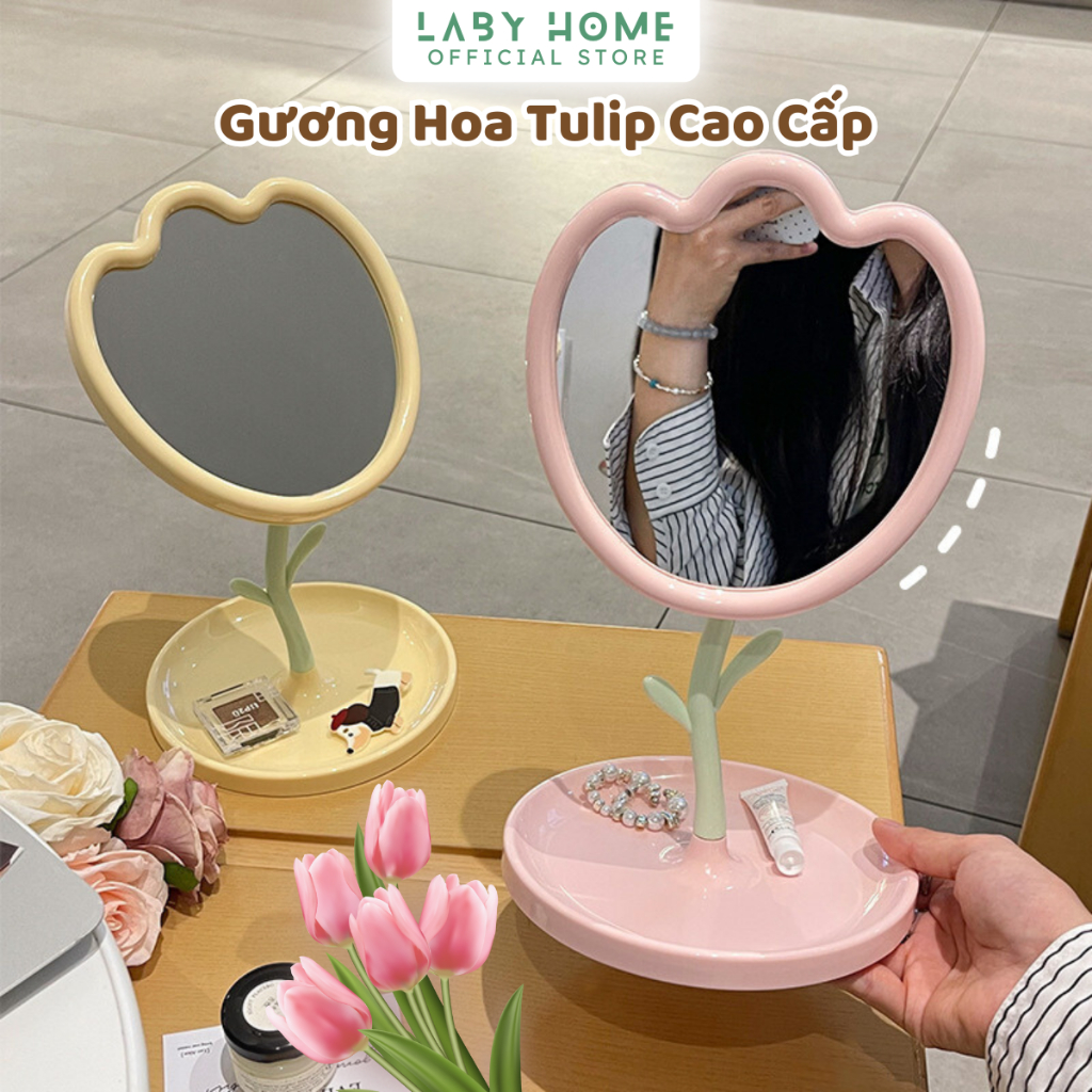 Gương Decor Để Bàn Trang Điểm Hình Hoa Tulip Đáng Yêu, Gương Chỉnh Góc Độ Nét Cao Phong Cách Hàn