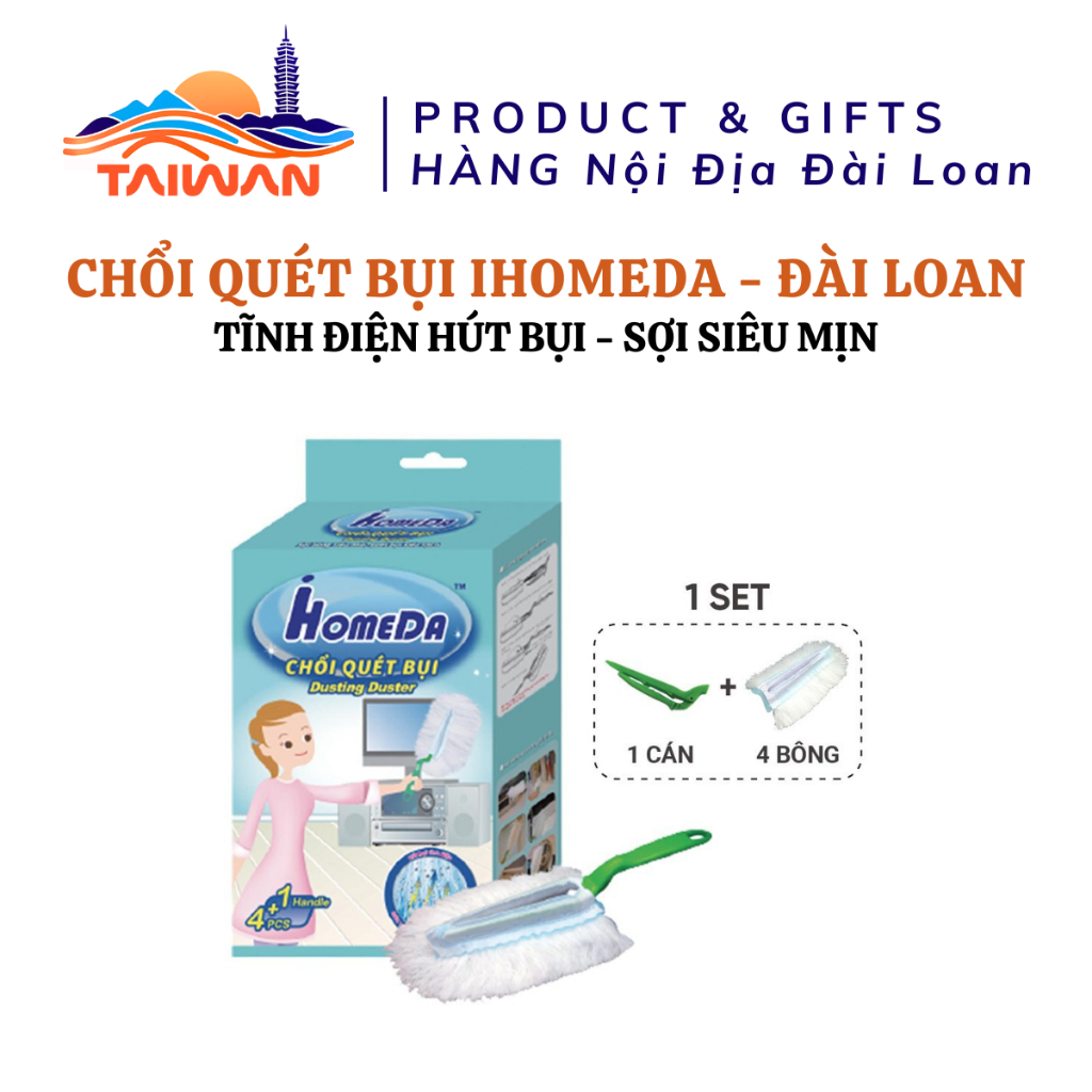 Chổi Quét Bụi, Chổi Lông Gà Quét Bụi tĩnh điện sợi siêu mịn iHomeda (1Cán + 4Bông lau)