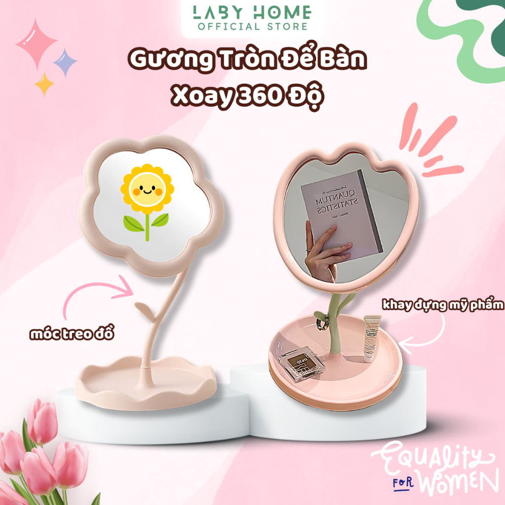 Gương Tròn Decor Hình Hoa Đáng Yêu, Gương Trang Điểm Để Bàn Xinh Xắn Có Khay Đựng LABY HOME