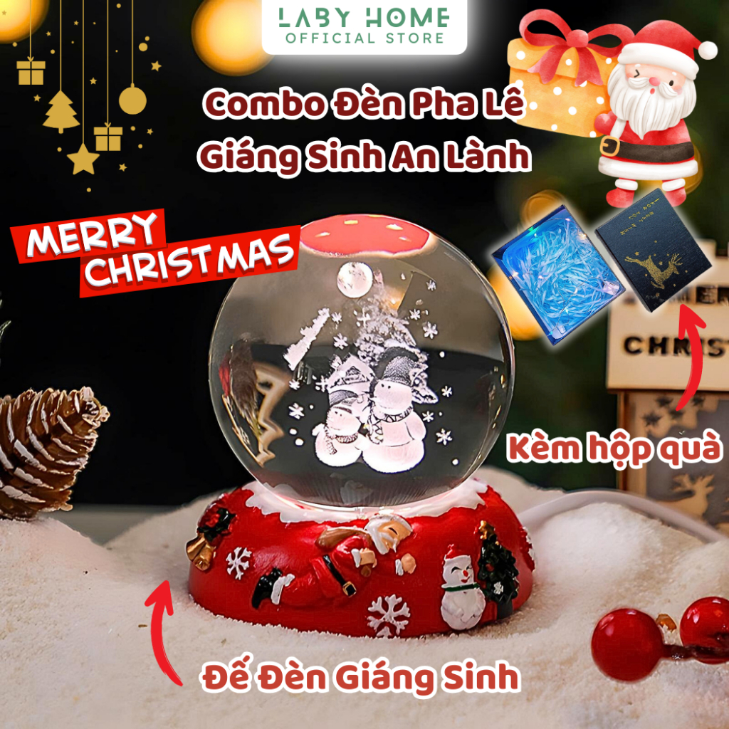 Combo Hộp Quà Giáng Sinh 2024 Quả Cầu Pha Lê Kèm Đế Đèn LED Phát Sáng Decor Trang Trí Để Bàn Noel
