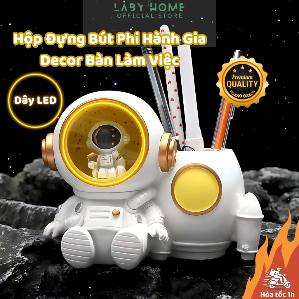 Hộp Đựng Bút Để Bàn Decor Tượng Phi Hành Gia Có Đèn LED Tạo Cảm Hứng, Ống Cắm Bút Trang Trí LABY