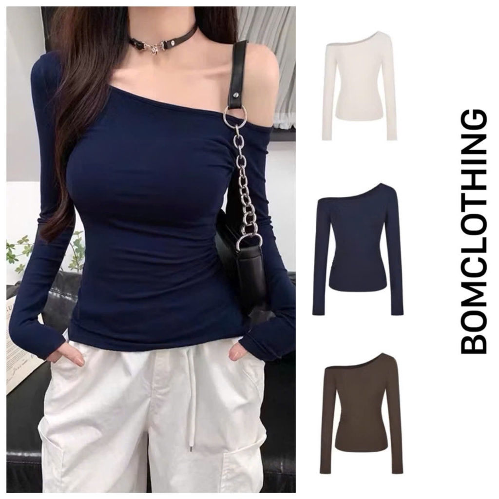 Áo Lệch Vai Nữ Dài Tay Ôm Body Siêu Quyến Rũ Vải Thun Zip QC Loại Đẹp Co Giãn Form Xinh MA129