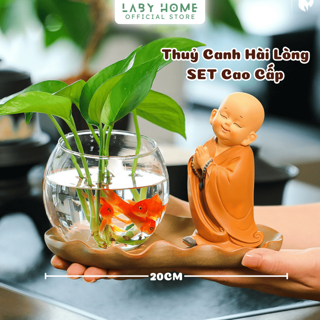 Bình Thuỷ Canh Để Bàn Cao Cấp Kèm Tượng Chú Tiểu Và Đế Tráng Men, Set Tượng Thuỷ Sinh An Nhiên