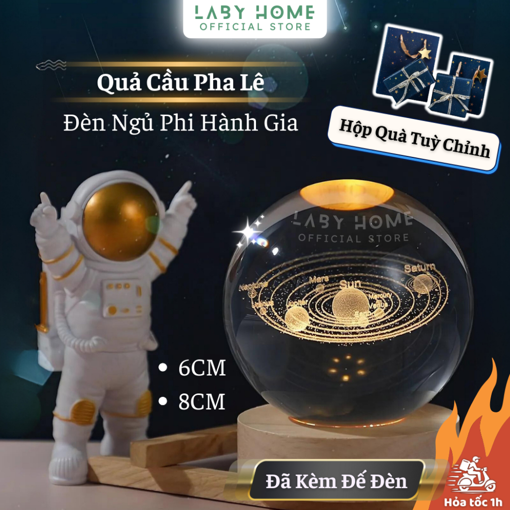 Quả Cầu Pha Lê Cao Cấp Kèm Đế Đèn Ngủ Phát Sáng LED Hình Phi Hành Gia - Quà Tặng Đèn Trang Trí