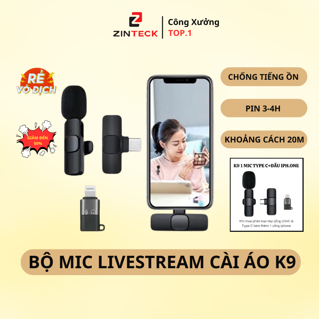 Micro thu âm không dây cài áo K9, Mic Livestream Không Dây - Khử Tiếng Ồn Cao Cấp - Khoảng Cách 20m