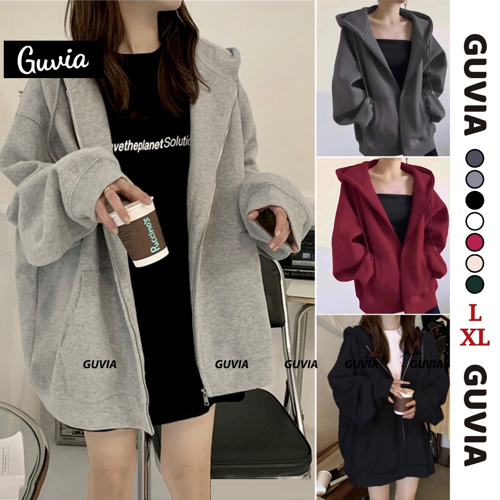 Áo Khoác Hoodie Zip GUVIA Tay Phồng (Có Túi Trong), Áo Khoác Nỉ Hoodie Trơn Nam Nữ Dây Kéo Nhiều Màu