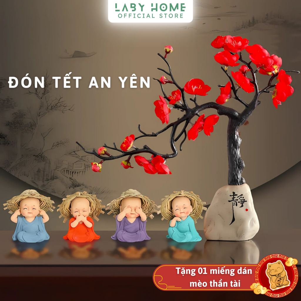 [Tết 2025] Bộ Tượng Chú Tiểu Tứ Không Đội Nón Kèm Chậu Đá và Cây Đào Trang Trí May Mắn An Lành