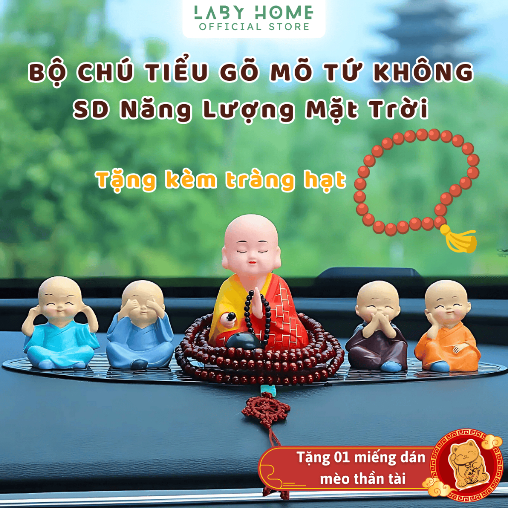 Tượng Nhà Sư Gõ Mõ Gật Gù và Bộ Chú Tiểu Tứ Không Trang Trí Taplo Ô Tô May Mắn Bình An LABY DECOR