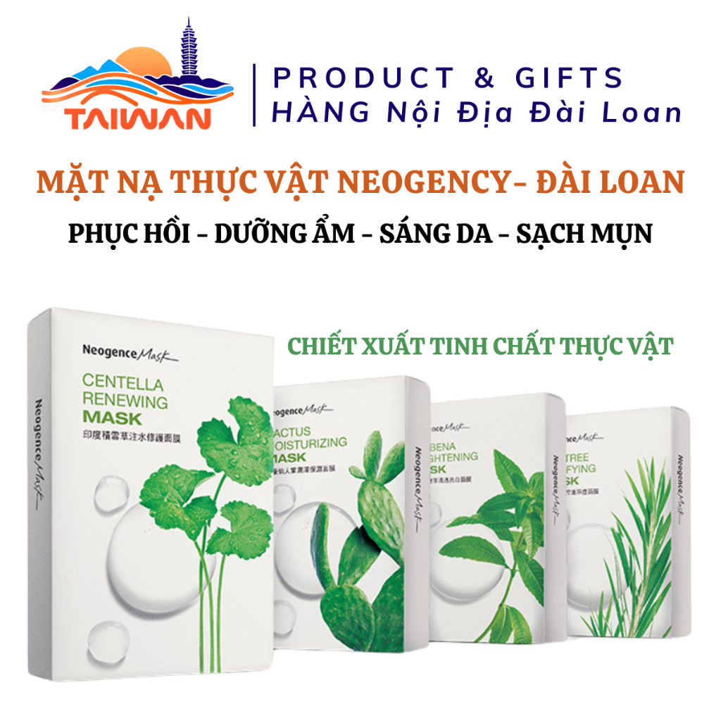 [Neogence] Hộp 8 miếng mặt nạ rau má, xương rồng, tràm trà phục hồi, dưỡng ẩm, sáng da Đài Loan