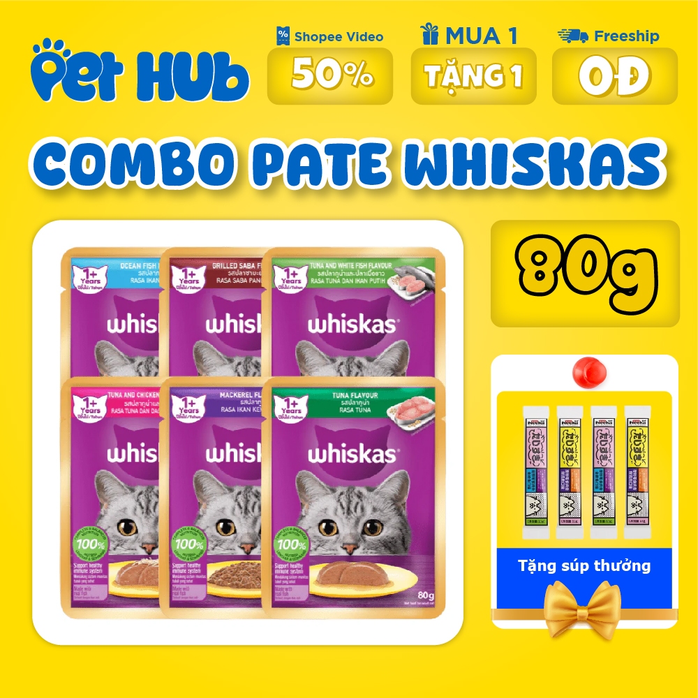 Combo 24 & 12 gói Pate mèo Whiskas Thức ăn cho mèo dạng xốt gói 80g cho mèo con và trưởng thành