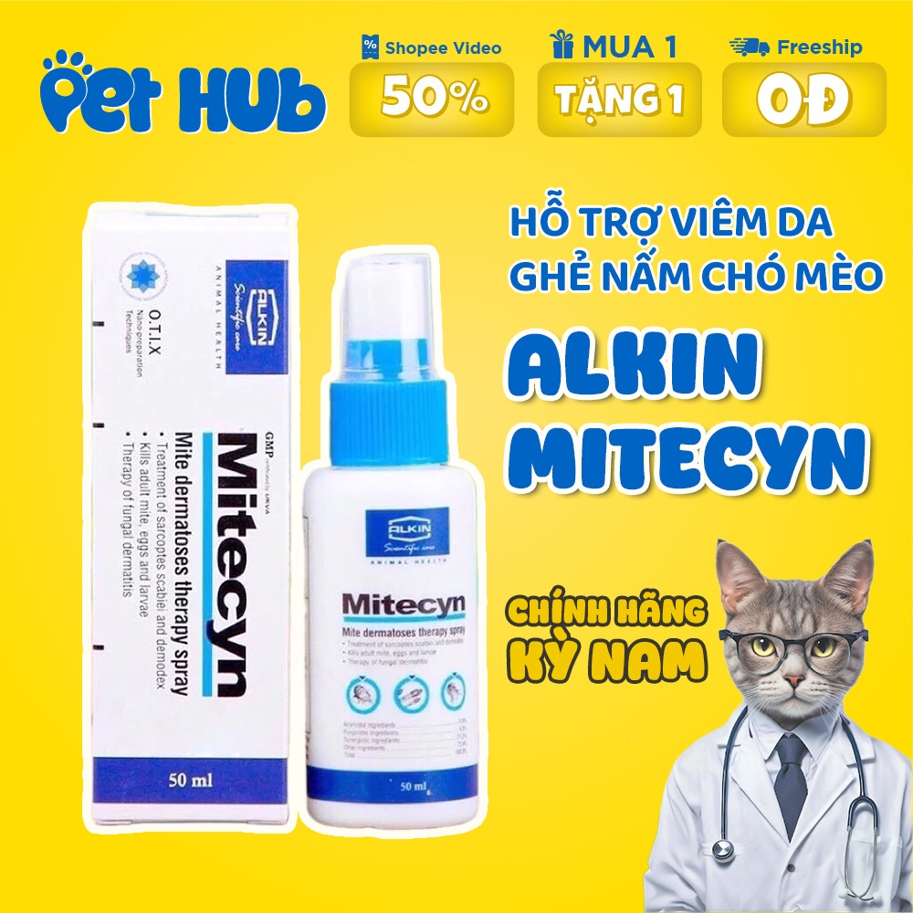 [Chính hãng Kỳ Nam] Xịt Alkin Mitecyn hỗ trợ các bé chó mèo bị ghẻ chai 50ml